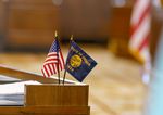 Flags on the Senate floor at the Oregon State Capitol on May 18, 2021 in Salem, Oregon.